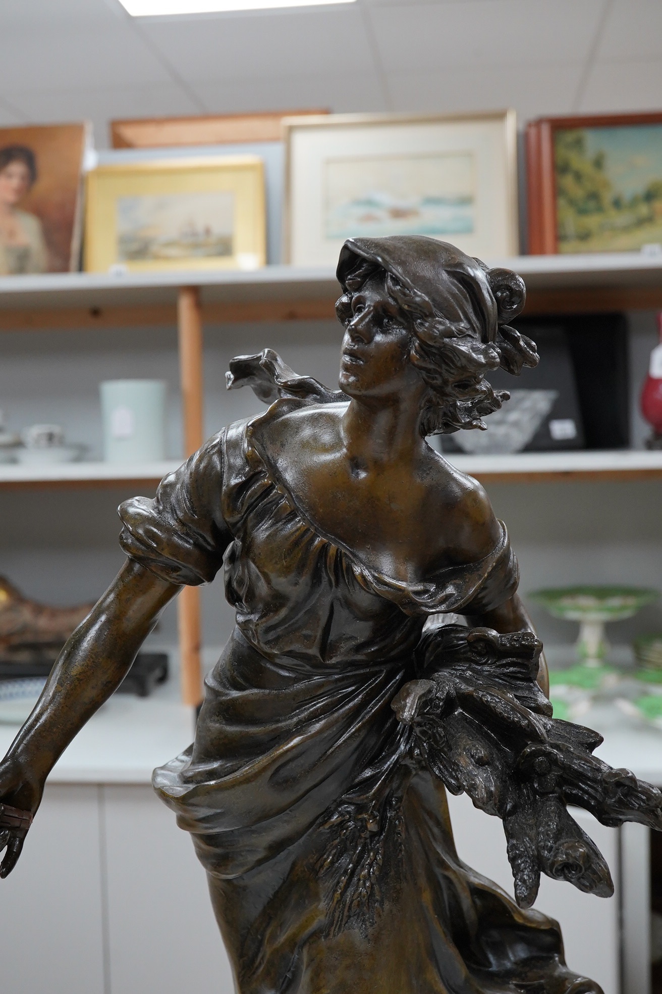 After Auguste Moreau 1861-1906, a pair of spelter figures, 60cm. Condition - fair (pieces missing)